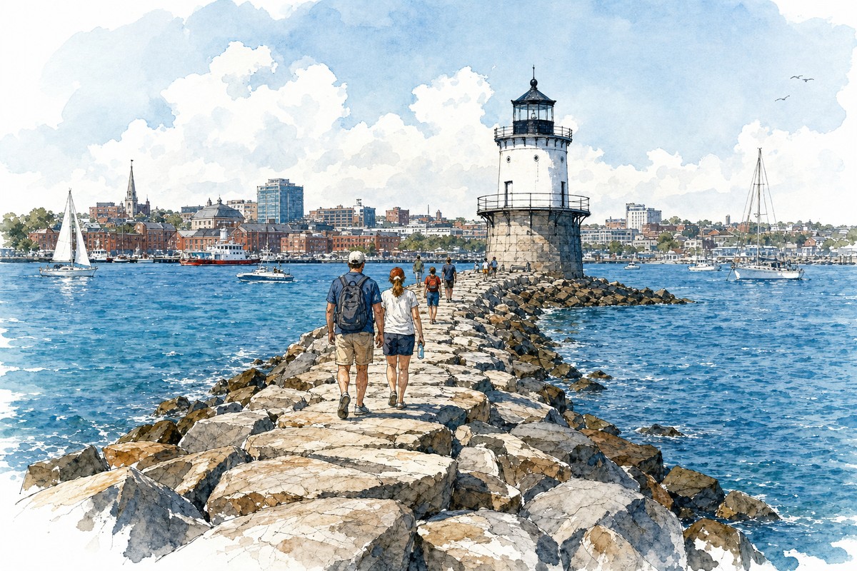Ink watercolor view of Spring Point Ledge Light and its granite breakwater