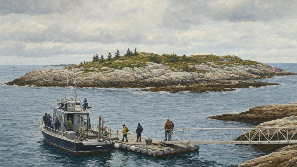 Research vessel approaching a low rocky island with a floating dock
