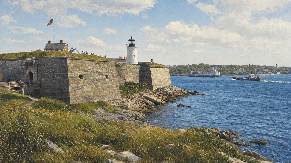 New Castle shoreline and Fort Constitution across harbor water