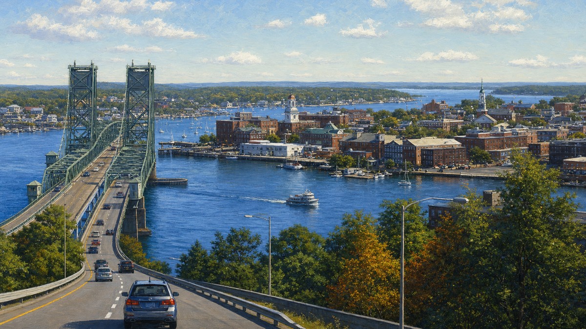 Bridge and tidal Piscataqua River on the regional approach to Portsmouth
