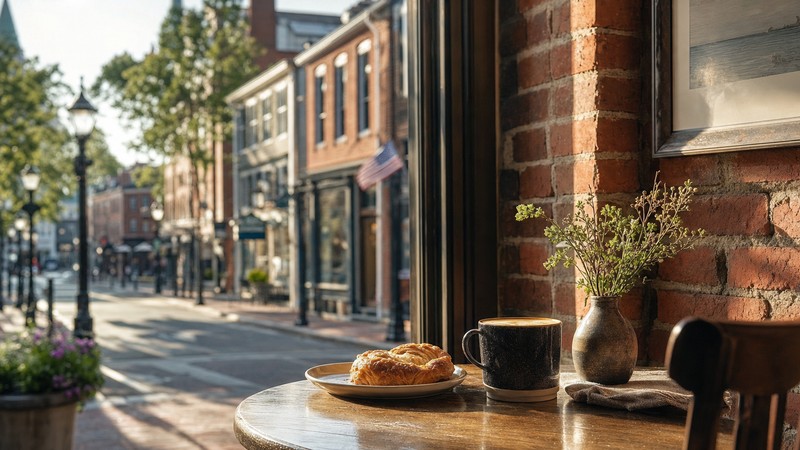 Coffee and pastry beside a Portsmouth brick window