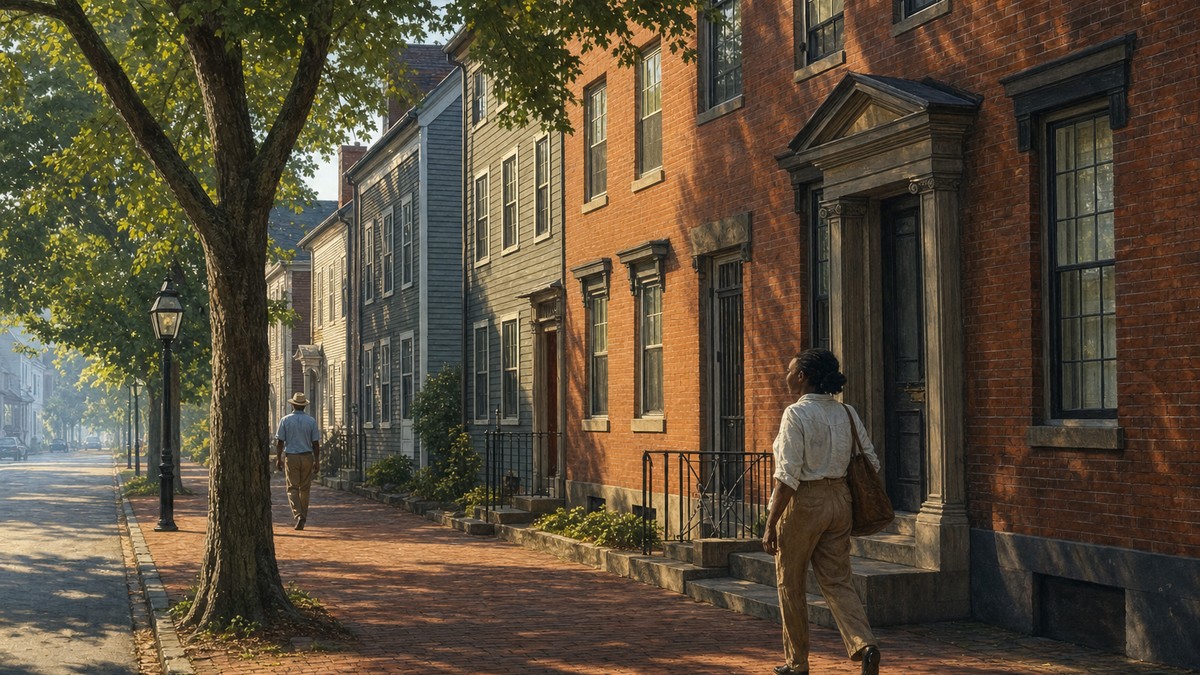 Federal and clapboard buildings along a quiet historic Portsmouth street