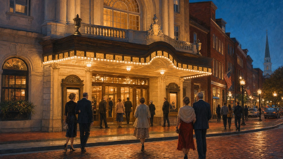 Historic Portsmouth theater glowing on an evening street