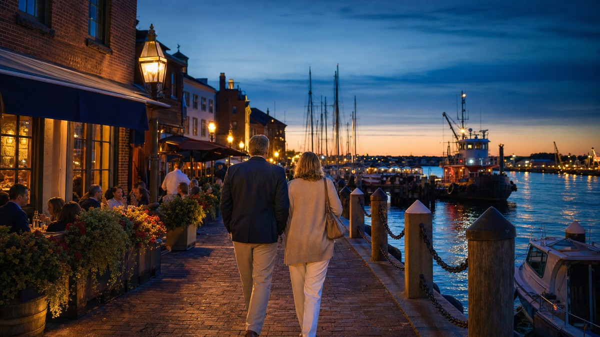 Evening walk from Market Square toward Portsmouth harbor
