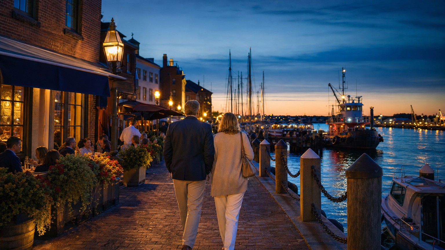 Portsmouth Market Square and waterfront in evening coastal light