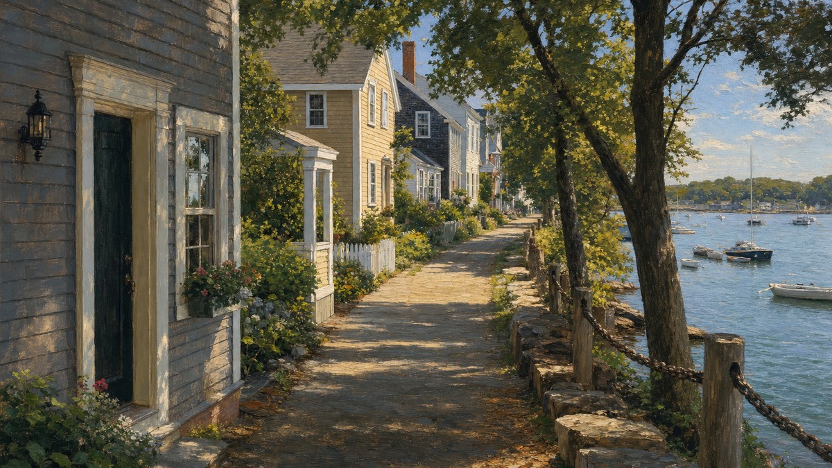 Clapboard homes and a quiet waterfront lane in Portsmouth's South End