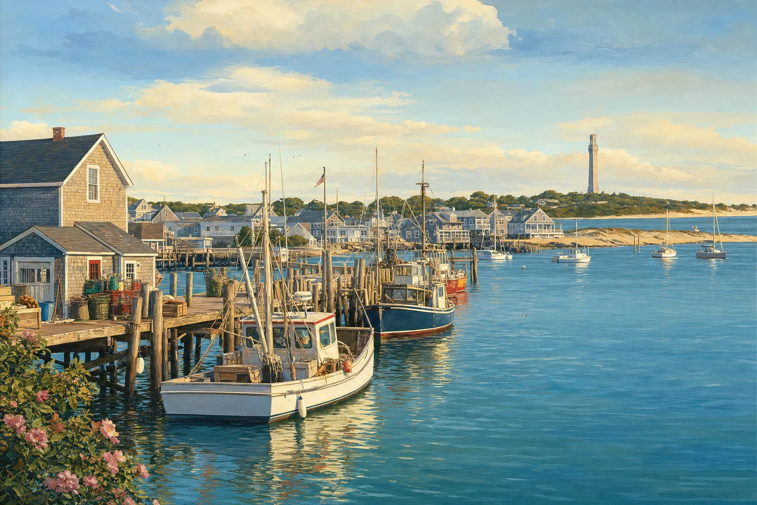 Provincetown harbor light and ferry arrival