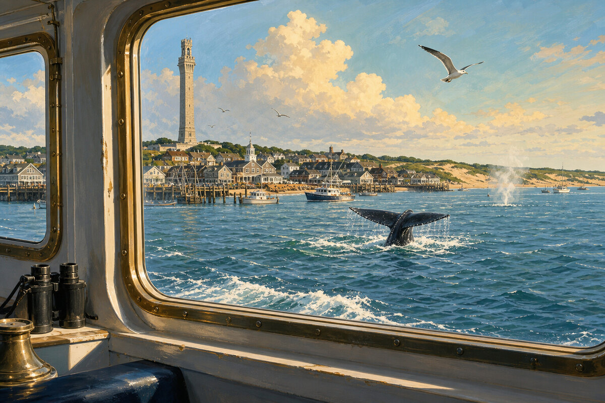 Watercolor cue art of a Provincetown whale watch boat leaving the harbor with town and open bay beyond