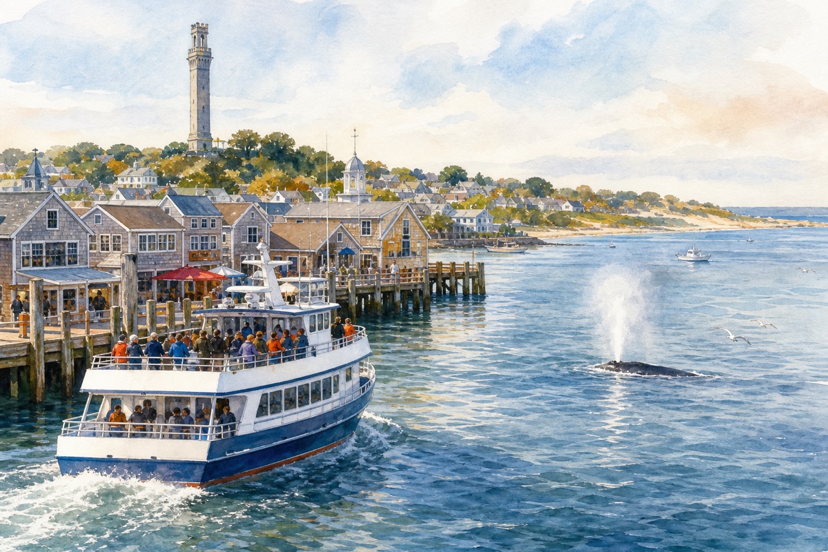 Watercolor cue art of a Provincetown whale watch boat leaving the harbor with town and open bay beyond