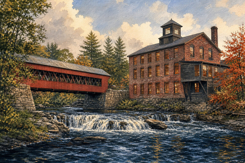Painterly Quechee covered bridge and Ottauquechee River