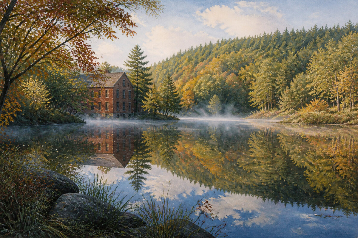 Painterly Dewey's Mills Pond and autumn hills in Quechee