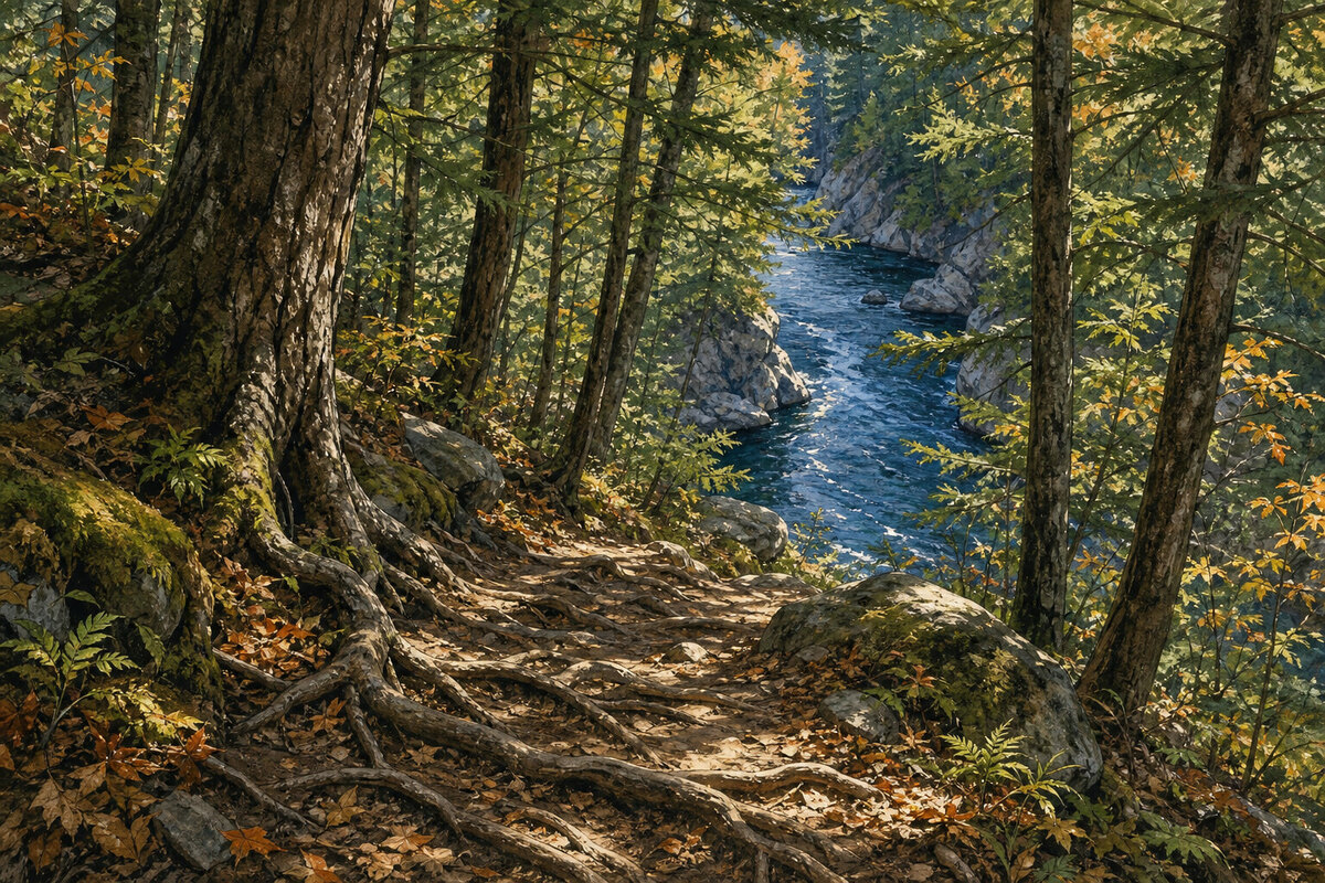 Painterly wooded trail descending into Quechee Gorge