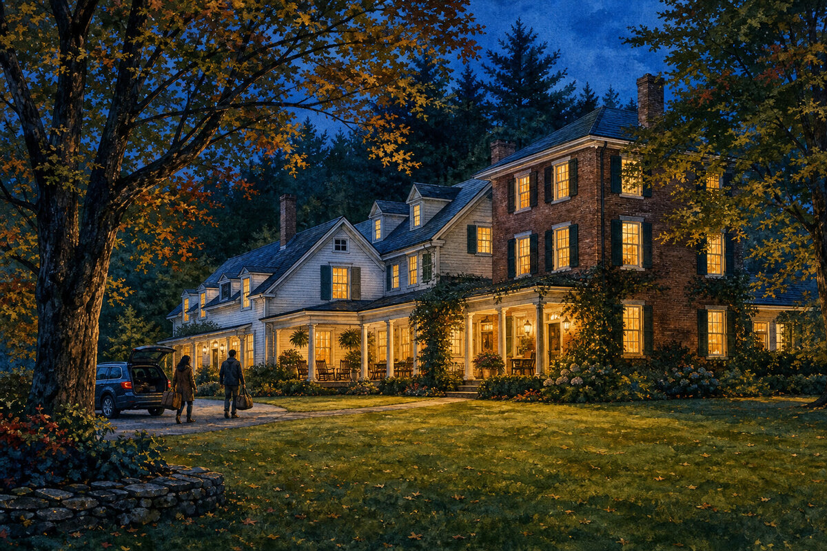 Painterly Vermont inn dining room at dusk