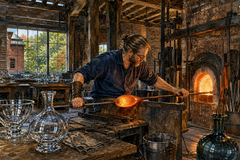 Painterly glassblowing scene inside the Quechee mill