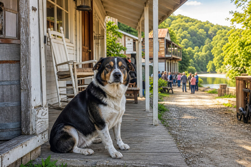 Dog mayor porch scene in Rabbit Hash Kentucky