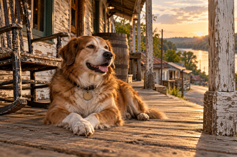 Dog at the Rabbit Hash General Store porch
