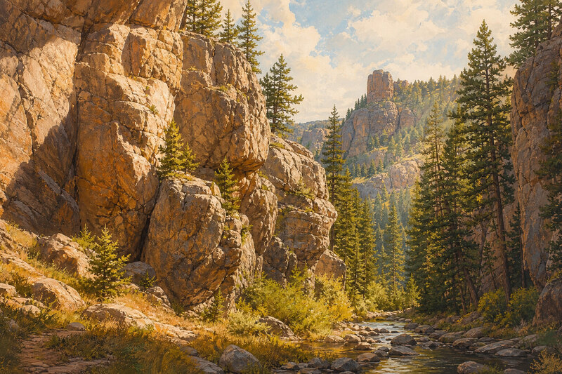Black Hills canyon detail and road-trip planning scene