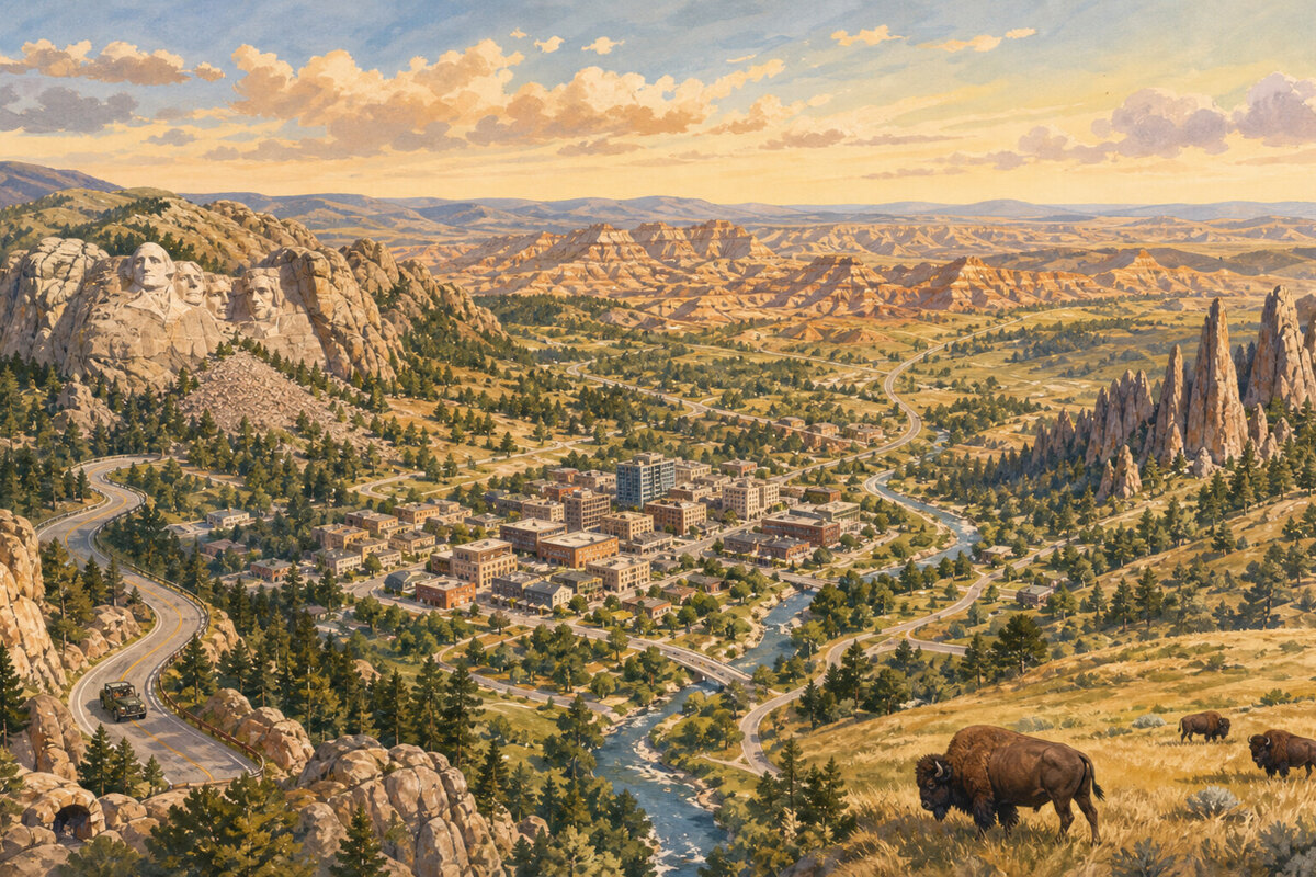 Rapid City road-trip map with Black Hills and Badlands planning