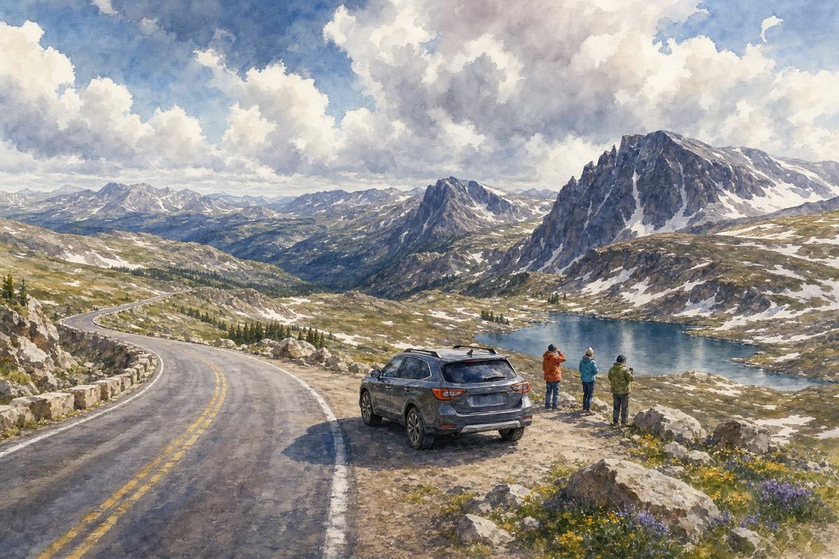 Watercolor illustration of Beartooth Highway weather window from Red Lodge