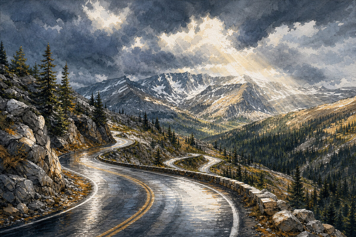 Watercolor illustration of Beartooth Highway weather window from Red Lodge