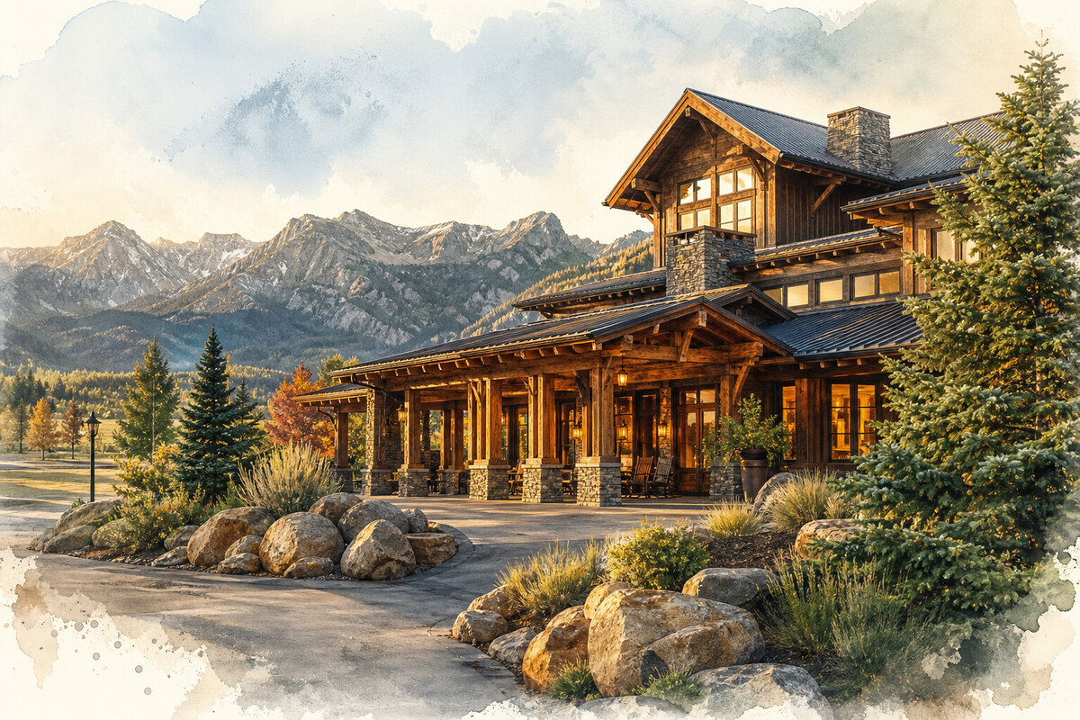 Red Lodge mountain lodging exterior in winter light
