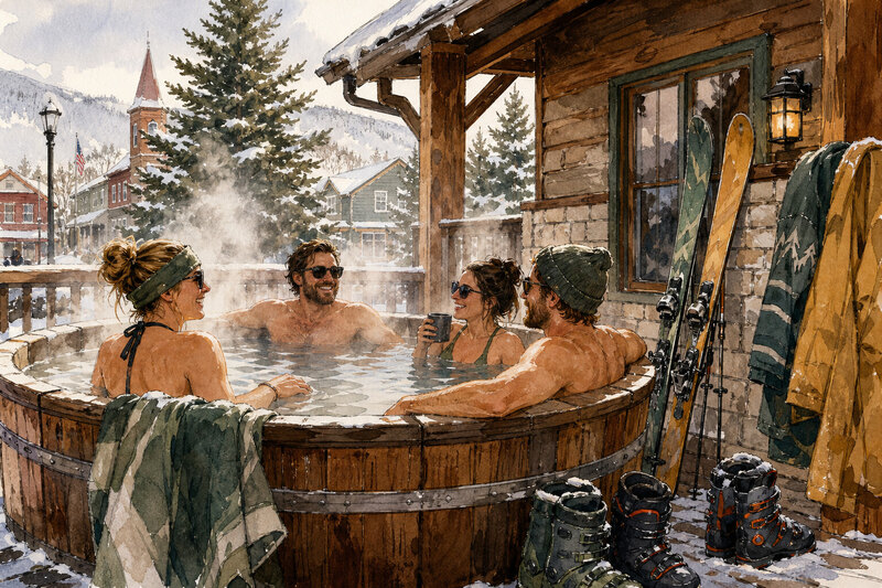 Outdoor hot tub at a snowy Red Lodge cabin after skiing