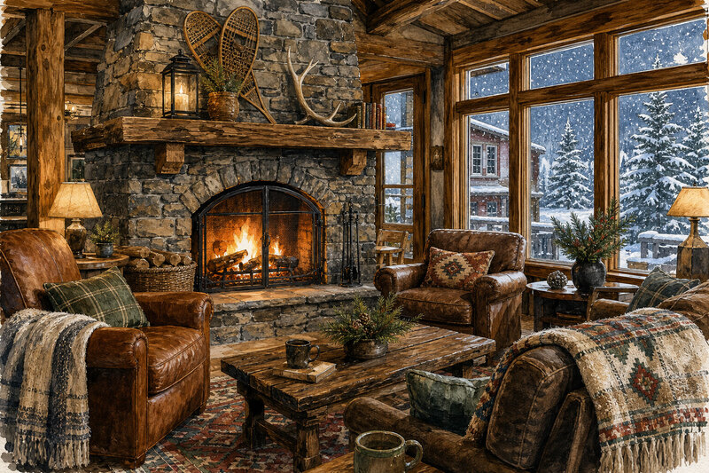 Cozy Red Lodge ski lodge lounge with fireplace and ski gear