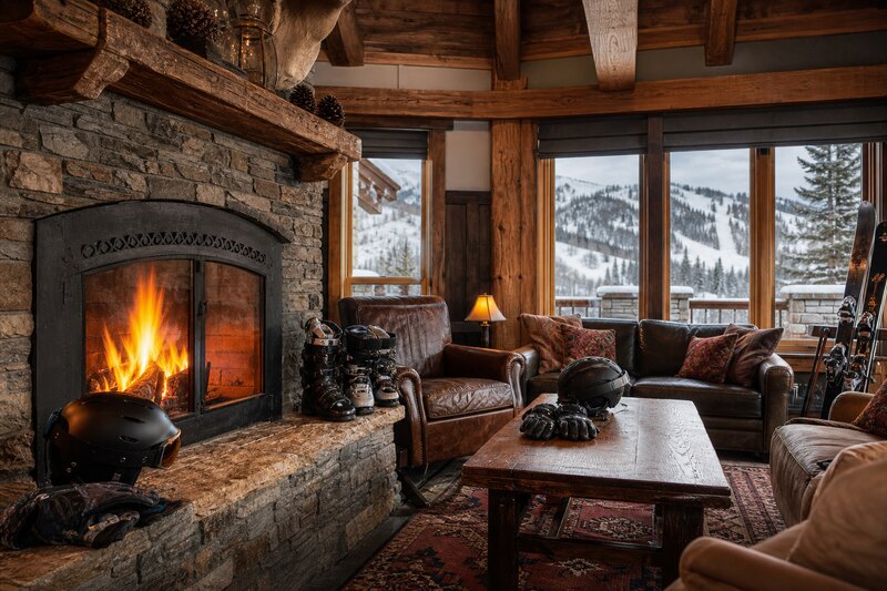 Cozy Red Lodge ski lodge lounge with fireplace and ski gear