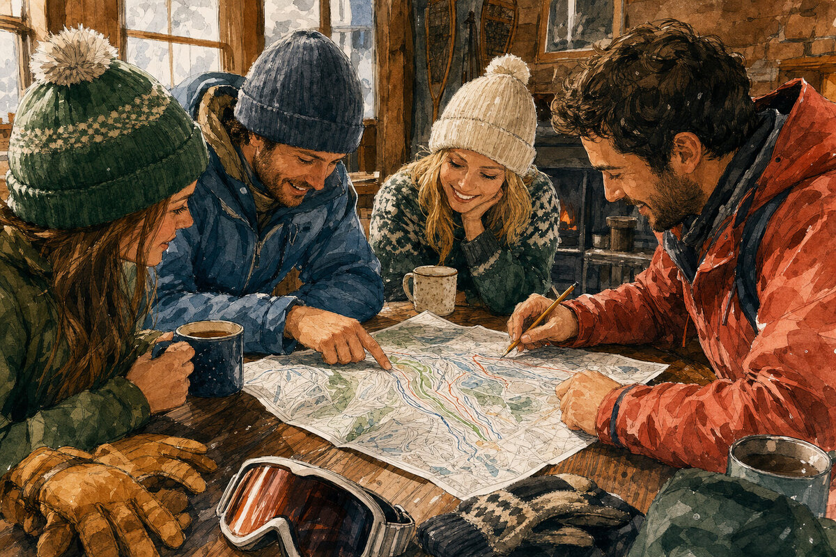 Hands planning a Red Lodge Mountain ski day with a trail map