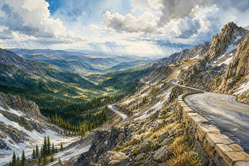 Golden Yellowstone valley with river steam and distant mountains