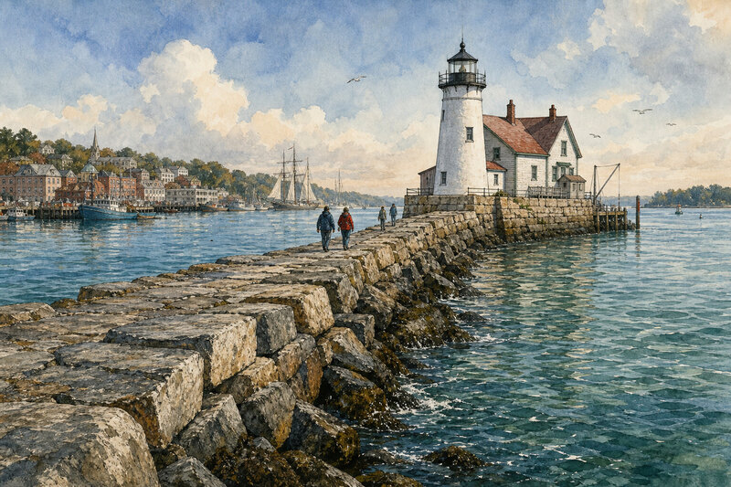 Granite Rockland Breakwater leading to its lighthouse