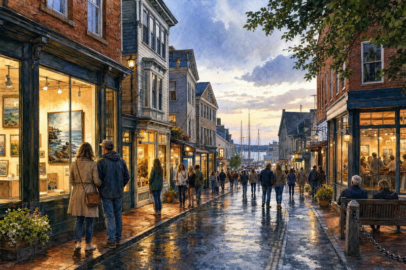 Rockland Main Street at evening near downtown restaurants
