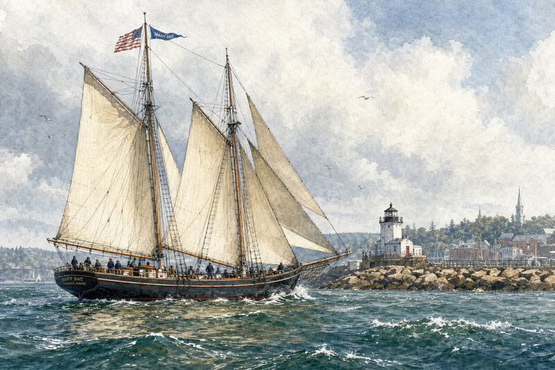 Windjammer under sail on Penobscot Bay near Rockland
