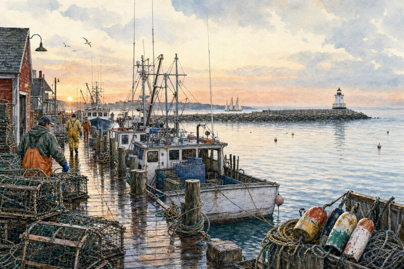 Morning harbor view near downtown Rockland lodging