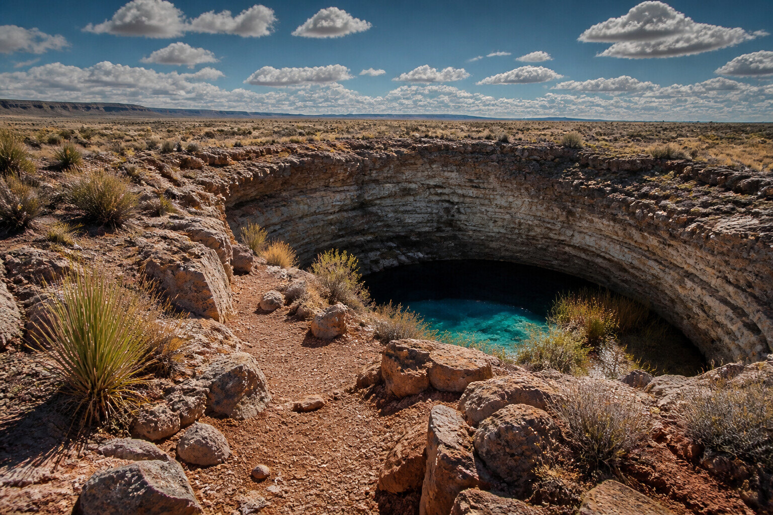 Trail overlooking a water-filled sinkhole and red desert bluff at Bottomless Lakes