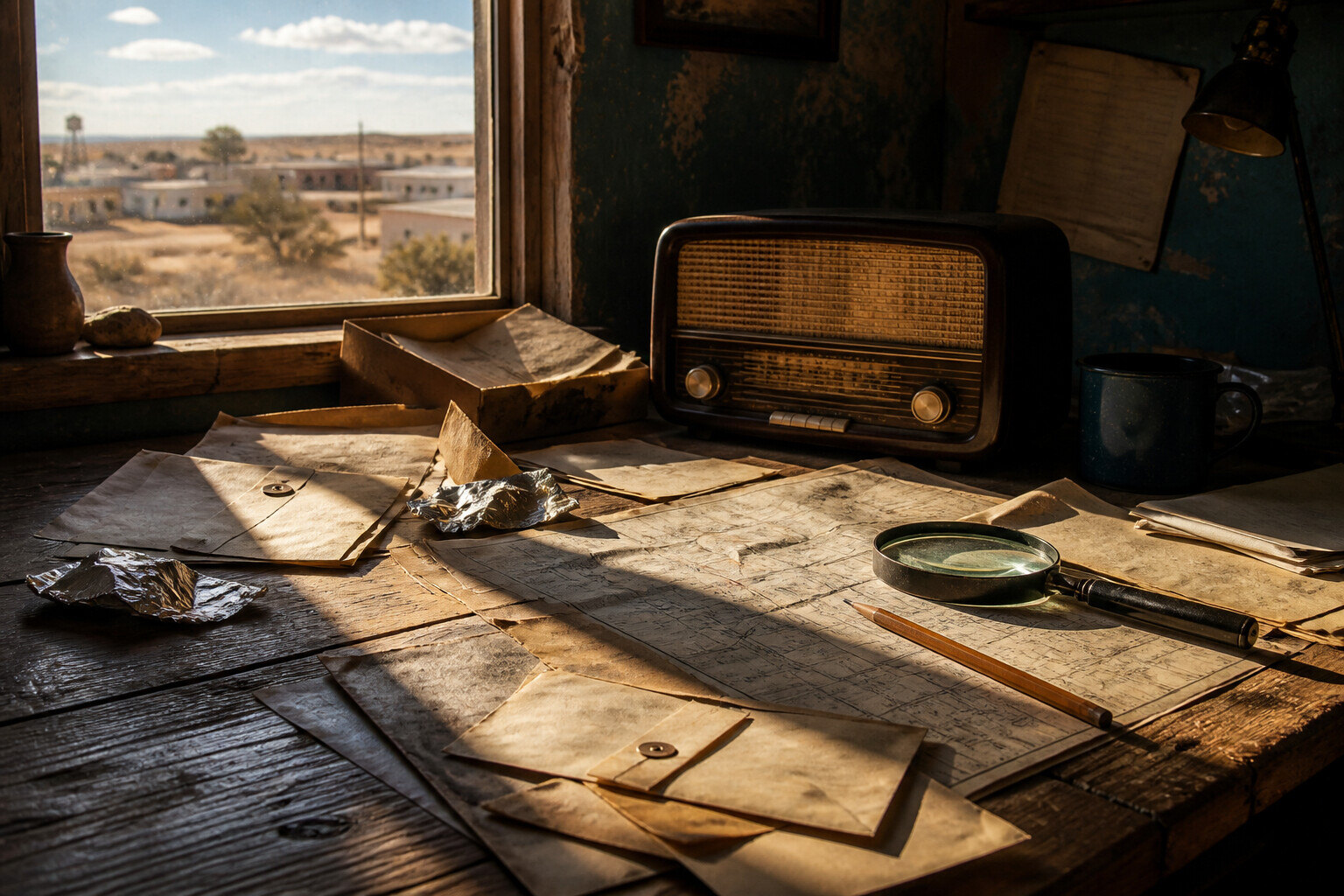 Newspapers, maps, recorded testimony, and military records on a Roswell Incident research table