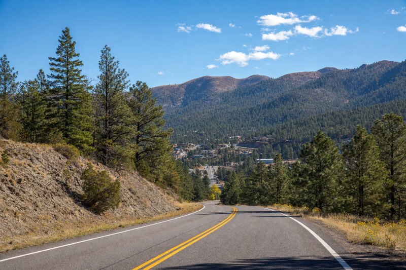 Contextual high-country road approaching the Ruidoso area
