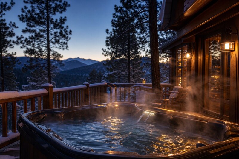 Outdoor hot tub at a snowy Ruidoso cabin after skiing