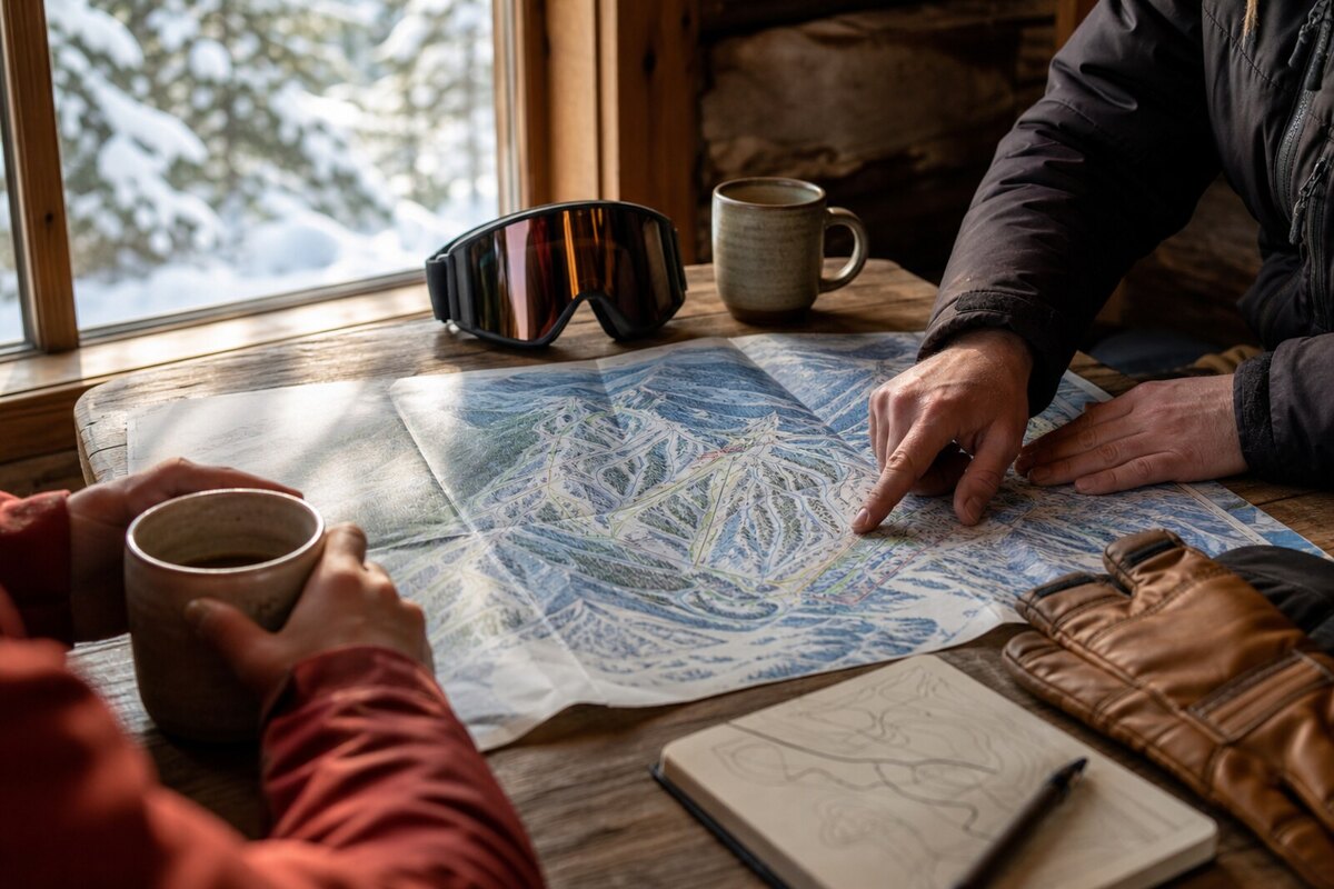Hands planning a Ski Apache day with a trail map on a cabin table