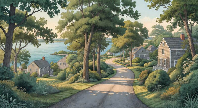 Scenic Hamptons arrival drive toward Sag Harbor