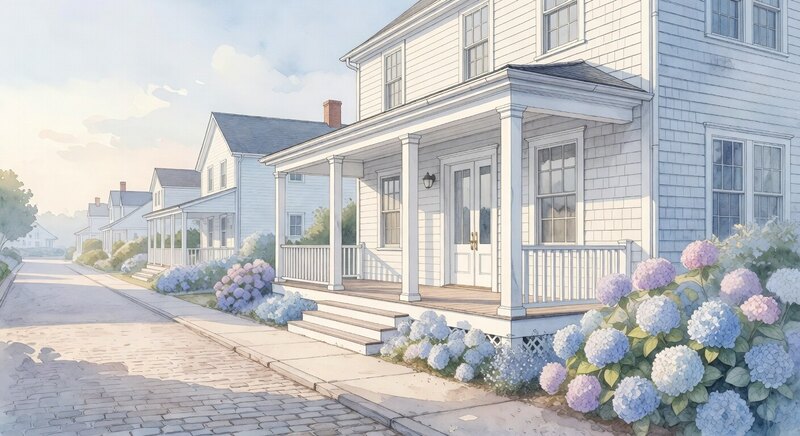 Ink watercolor illustration of a Hamptons-style Sag Harbor inn exterior