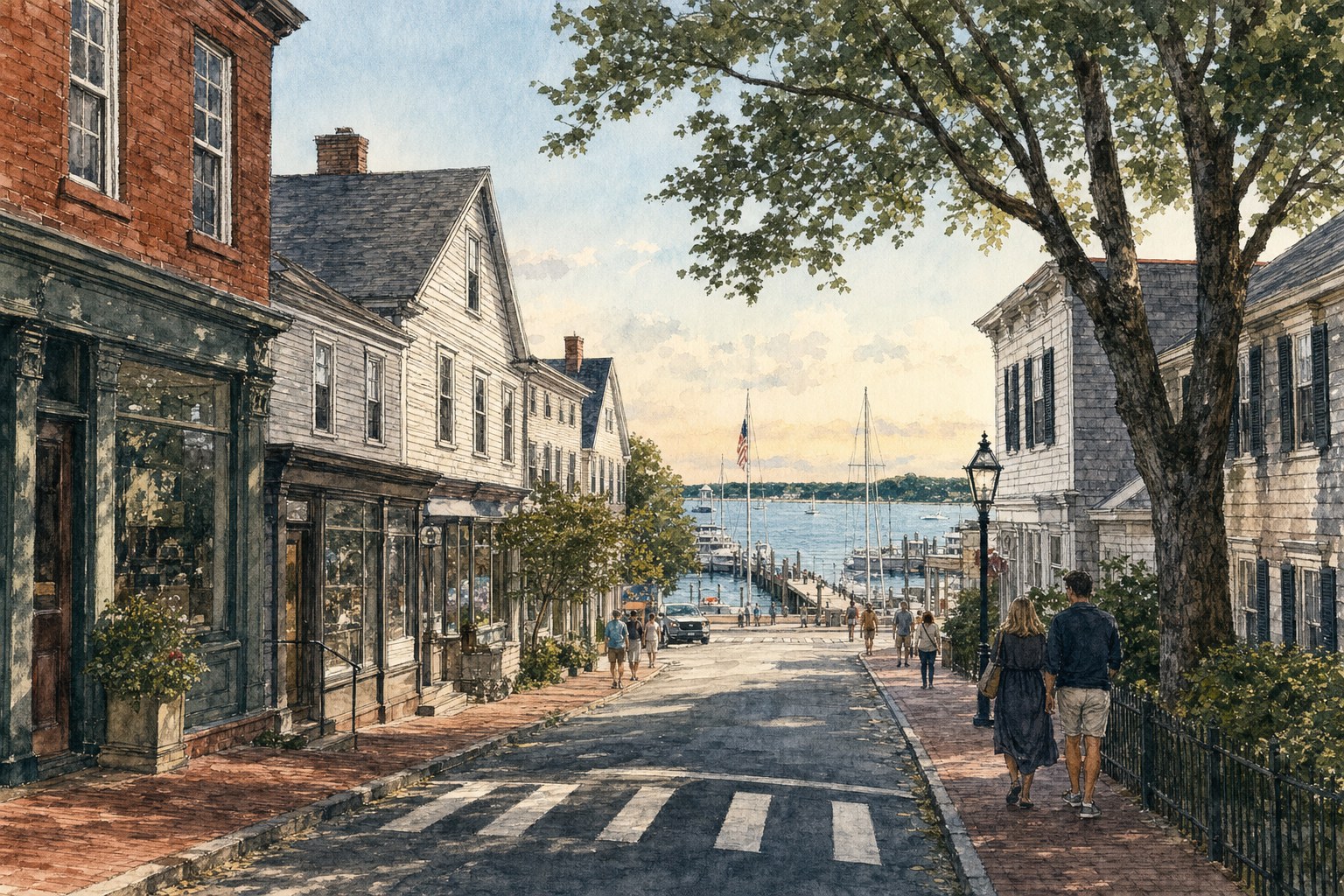 Historic Sag Harbor village street descending toward Long Wharf and the harbor