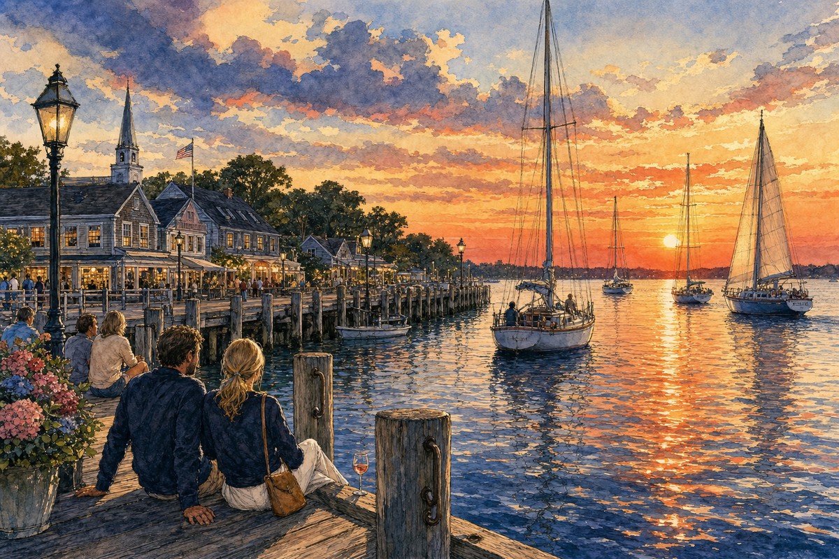Contextual sailboats and village lights at Long Wharf sunset