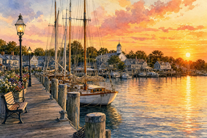 Sunset over boats and the waterfront at Sag Harbor Long Wharf