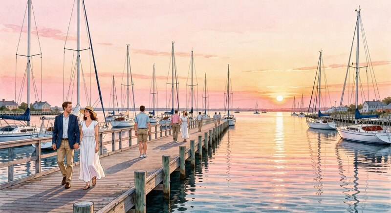 Ink watercolor illustration of Long Wharf in Sag Harbor at sunset