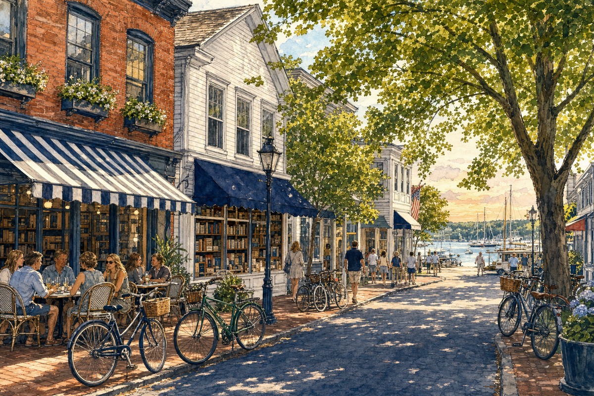 Contextual Main Street cafe block opening toward the Sag Harbor marina
