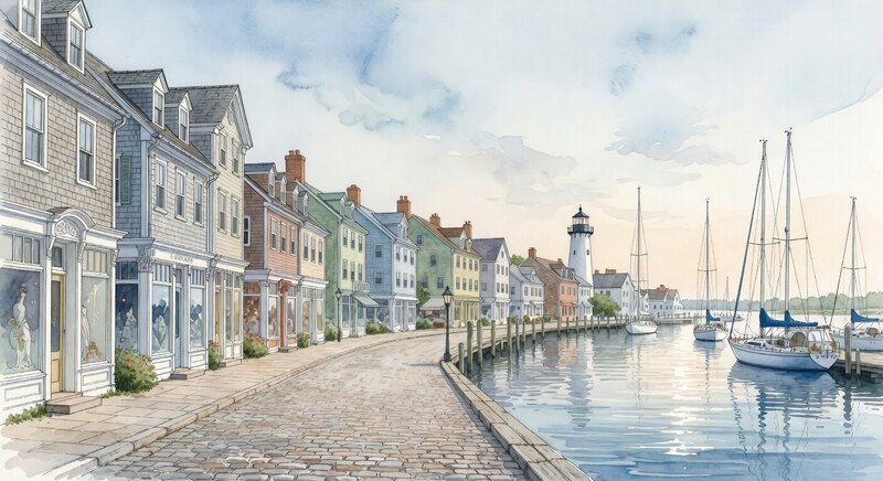 Ink watercolor illustration of Sag Harbor Main Street leading toward the marina