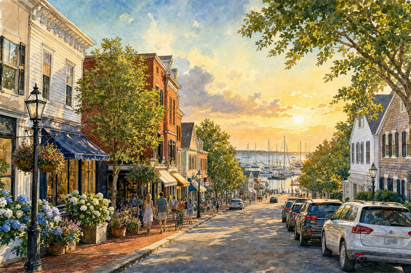 Sag Harbor Main Street leading toward the marina and Long Wharf