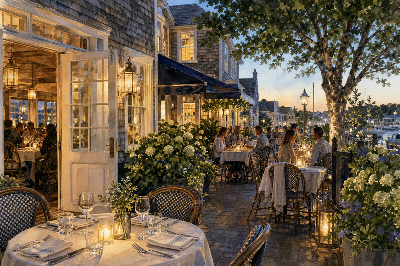 Outdoor restaurant tables in Sag Harbor