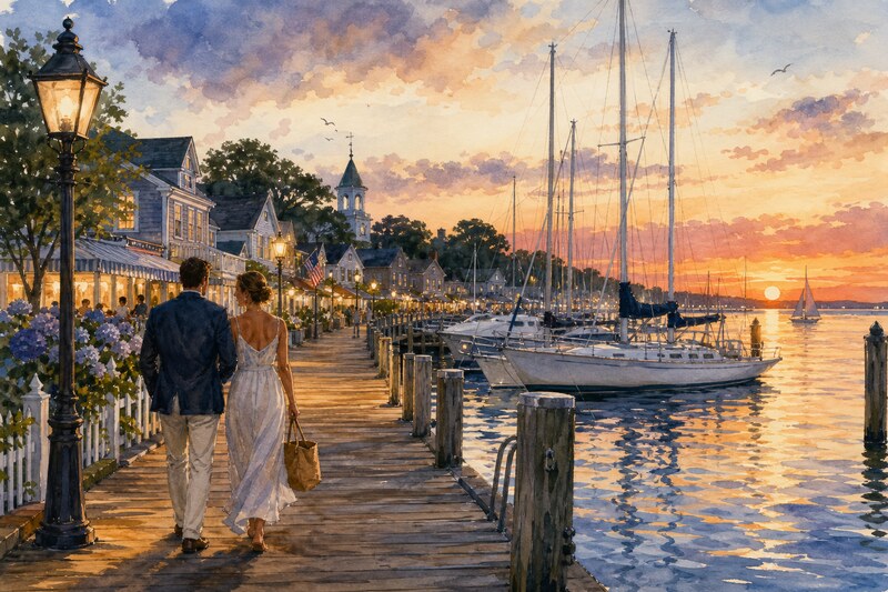 Watercolor illustration of a Sag Harbor sunset walk from village lights toward Long Wharf and the marina